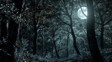 A dimly lit forest at midnight shows thick tree trunks and dense undergrowth illuminated subtly by a pale, glowing full moon above.