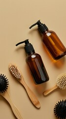 Amber glass bottles with body lotion and shampoo and facial cleansing brush on beige background. Skin care concept 