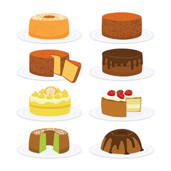 Set of Chiffon cake collection, Light and fluffy vanilla chiffon cake on a plate icon, Delicious sponge cake sliced drawing cut and whole with chocolate, strawberry, isolated on white background.