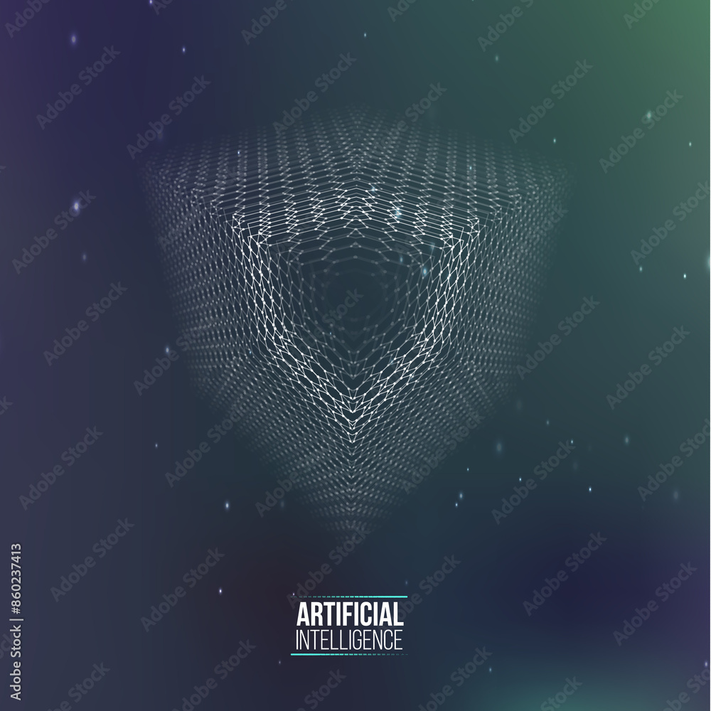 Poster artificial intelligence with abstract white neon wireframes
