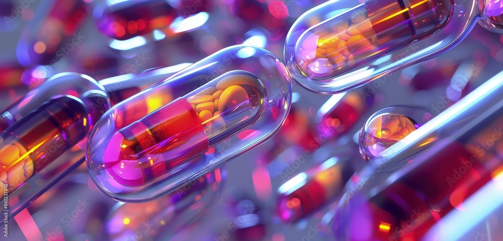 Poster a captivating 3d rendering of medical capsules within transparent cells, with smooth curves and vibr