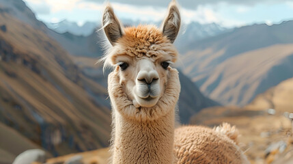 Obraz premium Llama in remote area of Bolivia, Alpaca with a soft coat stands against a mountain backdrop