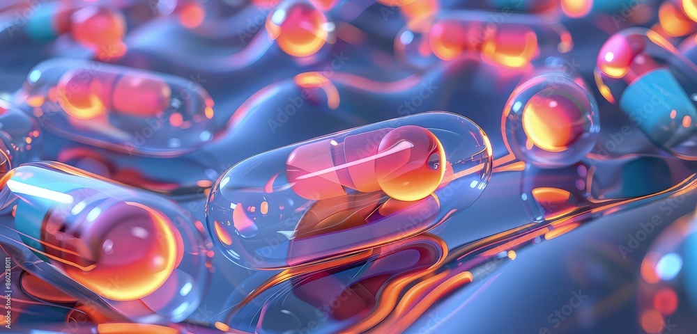 Poster a captivating 3d rendering of medical capsules within transparent cells, with smooth curves and vibr