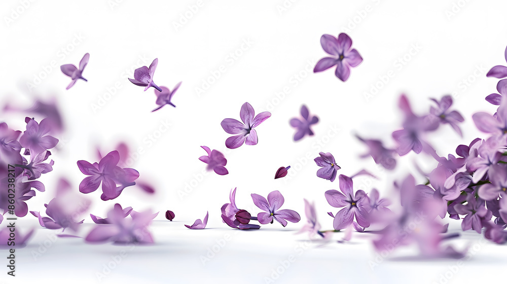 Poster Fresh lilac blossom beautiful purple flowers falling in the air isolated on white background Zero gravity or levitation spring flowers conception high resolution image : Generative AI