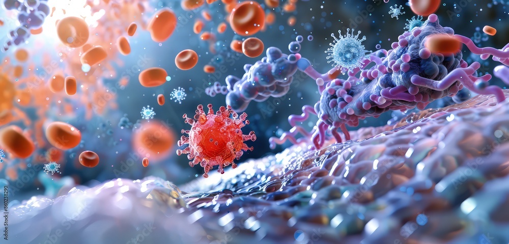Poster a beautiful 3d rendered image of a cell membrane, highlighting the fluid mosaic model with various p