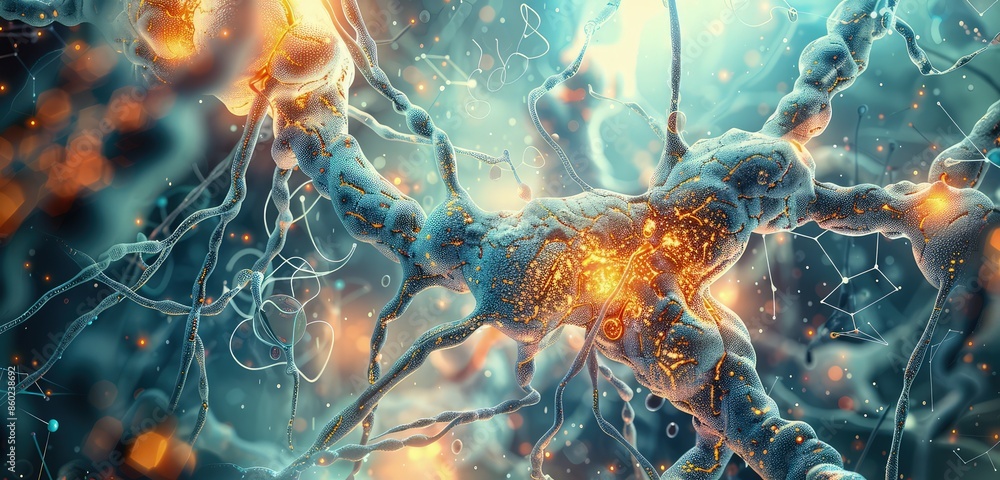 Poster a captivating 3d rendering of a nerve cell with intricate dendrites and axons, set in a biomedicine 