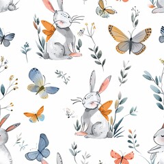 Fototapeta premium Chibi Bunny Playing with Butterfly Pattern