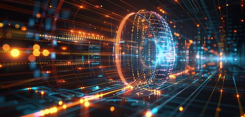 Obraz premium A captivating 3D rendering of a safety shield in a futuristic digital environment, featuring smooth, flowing digital patterns and glowing light effects.