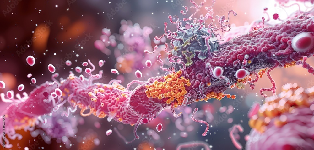 Poster a beautiful 3d rendered image of a cell membrane, highlighting the fluid mosaic model with various p
