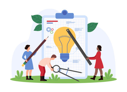 Innovation idea creation, teamwork on digital project design. Tiny people create bright light bulb pencil, compass and ruler, work with terms of reference on clipboard cartoon vector illustration