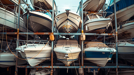 Boats stacked up in racking in a dry storage facility