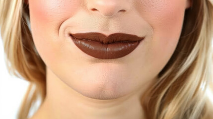 Close Up View Of A Mouth Of A Blonde Woman With A Chocolate Brown Lipstick, Cosmetic And Fashion Background