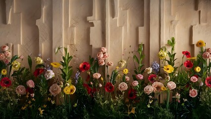 Fototapeta premium Beautiful wall with flowers and plants toned