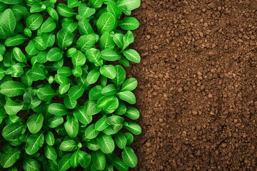 Top view of young green plants beside fertile soil, illustrating growth and agriculture concept.