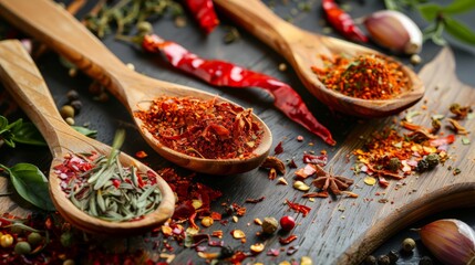 Assorted Spices on Wooden Spoons