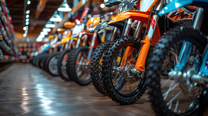 Motorcycle Sale, Automotive Industry, Motorcycle Dealership Parking Lot. Rows of Brand New Vehicles Awaiting New Owners, on the epoxy floor in new Motorbike service