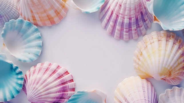 Pastel-colored summery seashell frame background wallpaper