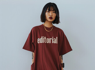 Stylish Woman in Maroon Editorial T-Shirt. Trendy woman with short hair and tattoos wearing a maroon "editorial" t-shirt, posing against a plain background.