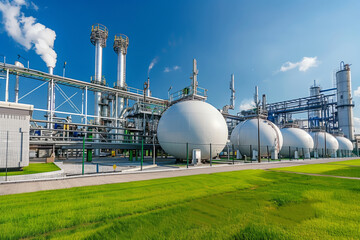 A European-style gas storage facility featuring large white spherical tanks and industrial equipment under a clear blue sky.