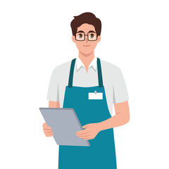 Male employee in uniform working in Hypermarket. Flat vector illustration isolated on white background