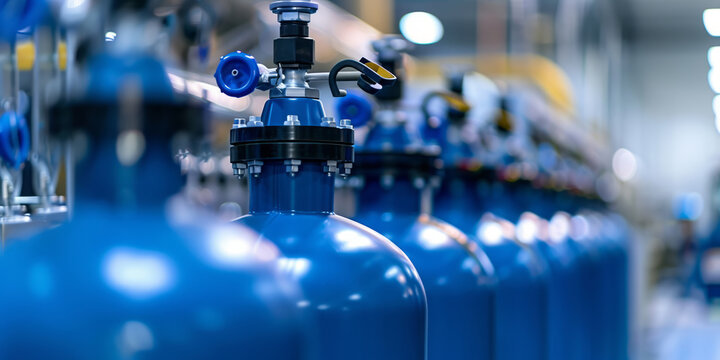 Close-up of blue industrial oxygen tanks arranged in a line within a production facility, highlighting industrial equipment and safety in manufacturing environments