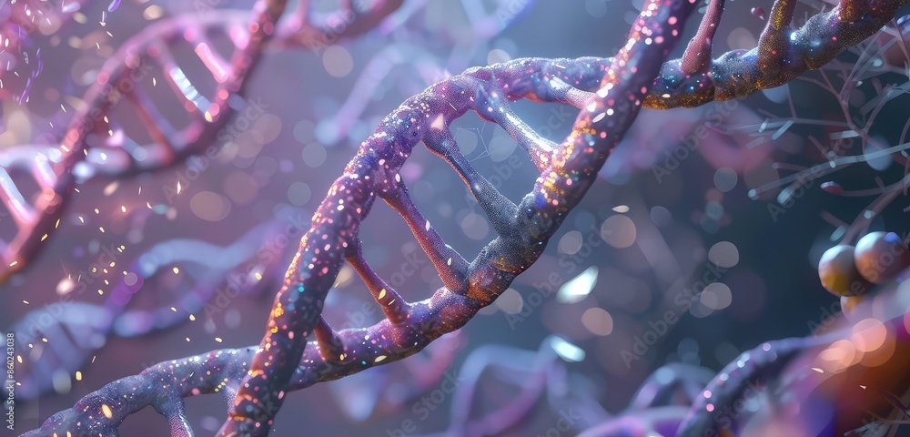 Poster a detailed 3d rendering of a dna double helix structure, showcasing the intricate twists and bonds i