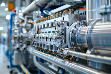 Close up view of a Hydrogen Fuel Cell Factory. Shallow depth of field