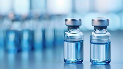 Close-up of two vials filled with clear liquid, placed in a laboratory setting, symbolizing medical research and pharmaceutical industry.