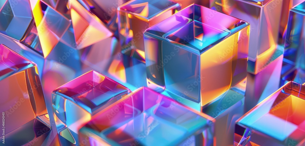 Poster a detailed 3d rendering of gradient glasses and cubes, showcasing smooth transitions of vibrant colo
