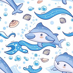 Fototapeta premium Chibi Dolphin with Waves Pattern