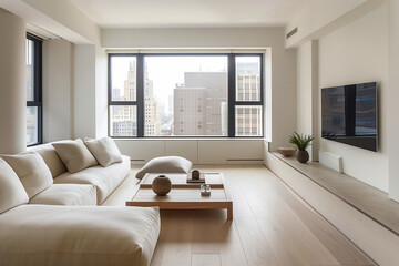 Bright living room in minimalist style with city view and sofa, coffee table, and flat-screen TV