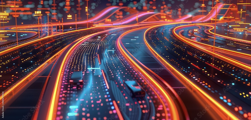 Poster a detailed 3d rendering of a highway road set in a digital environment, with glowing pathways and ho