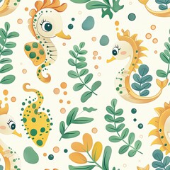 Obraz premium Cute Seamless Pattern with Chibi Seahorse and Kelp