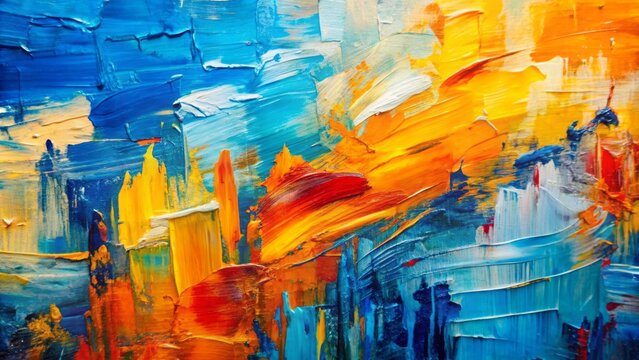 Vibrant abstract acrylic artwork featuring bold, impasto textured strokes in shades of blue, orange, and yellow on a white canvas.