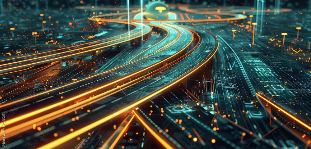 Poster a detailed 3d rendering of a highway road set in a digital environment, with glowing pathways and ho