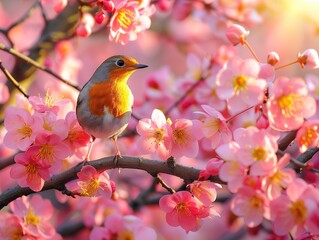 European Robin Perched on a Branch with Vibrant Pink Blossoms in Springtime
