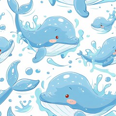 Obraz premium Cute Seamless Pattern with Chibi Whale and Splash