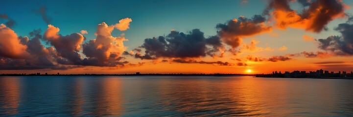 Blue Sunset view with dark clouds background, Wide background	