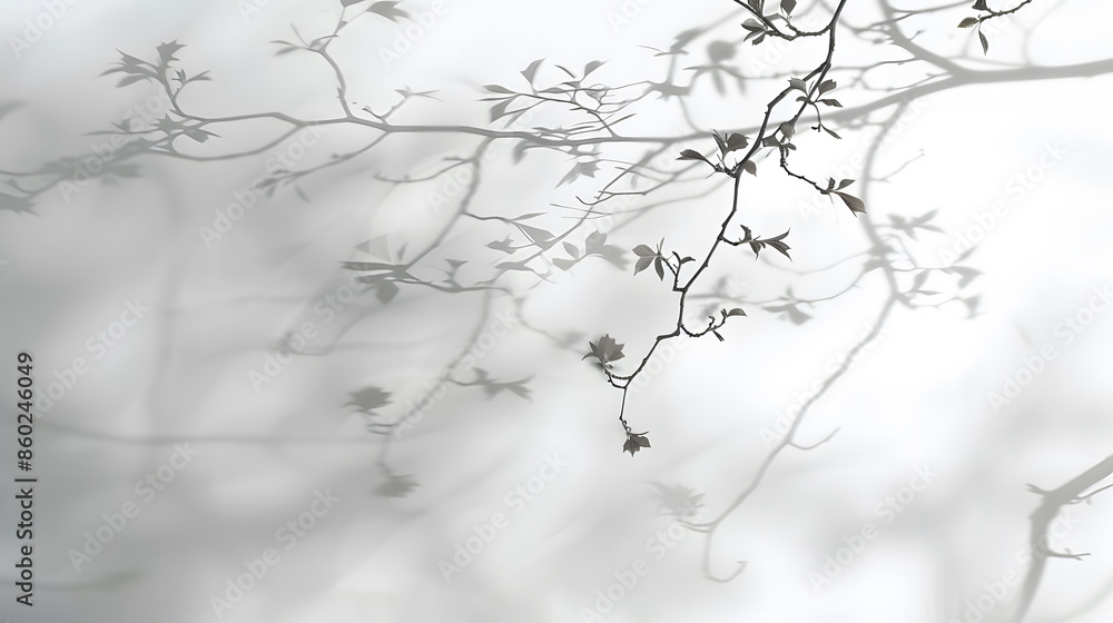 Poster blurred overlay effect for photo gray shadows of cherry tree blooming branches on a white wall abstr