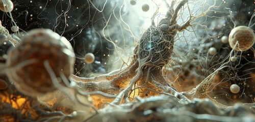 A detailed 3D rendering of a nerve cell, showcasing its intricate structure with dendrites and axons, set in a biomedicine concept environment with abstract scientific elements.