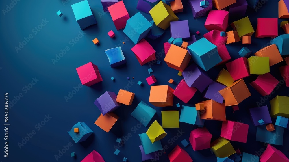 Poster colorful 3d cubes floating in a dark background. 3d design of square box with vibrant colorful color