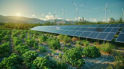 Sustainable energy farm with wind turbines and solar panels