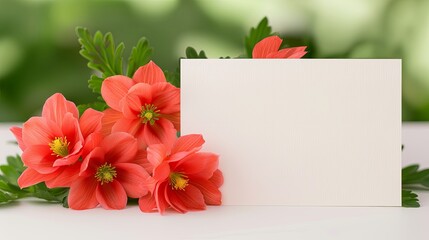 Obraz premium Blank card with vibrant red flowers and green leaves, perfect for greetings, invitations, or floral-themed announcements.