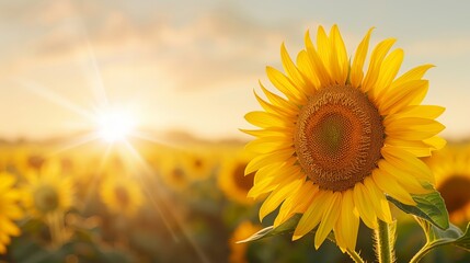 Obraz premium Bright sunflower field at sunrise with vibrant yellow petals and a warm, glowing sun in the background, capturing nature's beauty and tranquility.