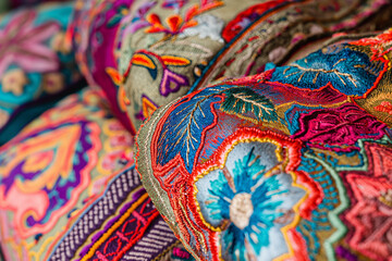 traditional thai fabric,Ultra-realistic close-up of colorful embroidered decorative textile from Otavalo city, showcasing intricate patterns and vibrant hues