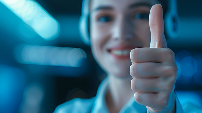 Close-up of a person giving a thumbs-up gesture with a blurred background, symbolizing approval, success, or a positive attitude.