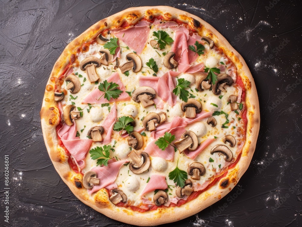 Poster delicious pizza with toppings on dark background generative ai