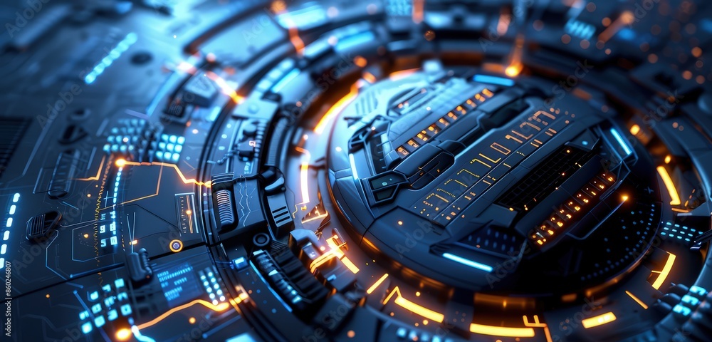 Poster a detailed 3d rendering of a safety shield with a futuristic technology background, showcasing intri