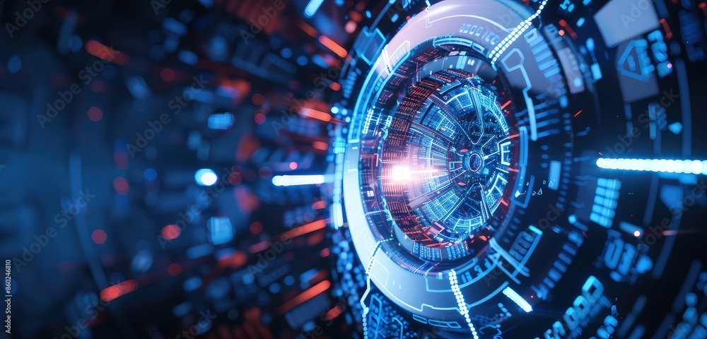 Poster a detailed 3d rendering of a safety shield with a futuristic technology background, showcasing intri