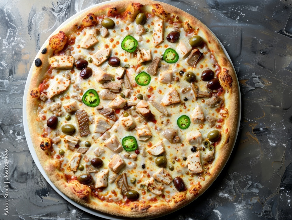 Poster delicious pizza with toppings view from above generative ai